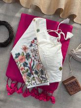 Pink Handloom Cotton Saree With Embrodery Work Redy Made Blouse